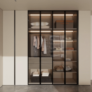 Walk-in luxury modular wardrobe design with LED lighting and hidden storage