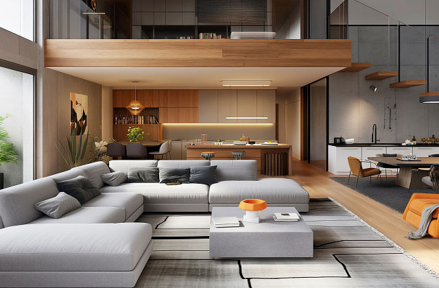 Elegant modular living room and kitchen interior design by DhomeMantra in Noida